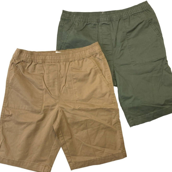 Boys 2-Pk Size 6/7 Woven Shorts, Green Midnight & Stone Khaki w/ Elastic Waist - Picture 1 of 8